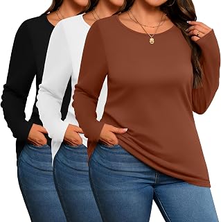 Evervibe 3 Pack Women's Plus Size Cotton Shirts Long Sleeve Tops