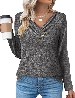 Zeagoo Women's Long Sleeve Sweater V-Neck Buttons T-Shirt Autumn Winter Pullover Solid Color T-Shirt Tops S-XXL