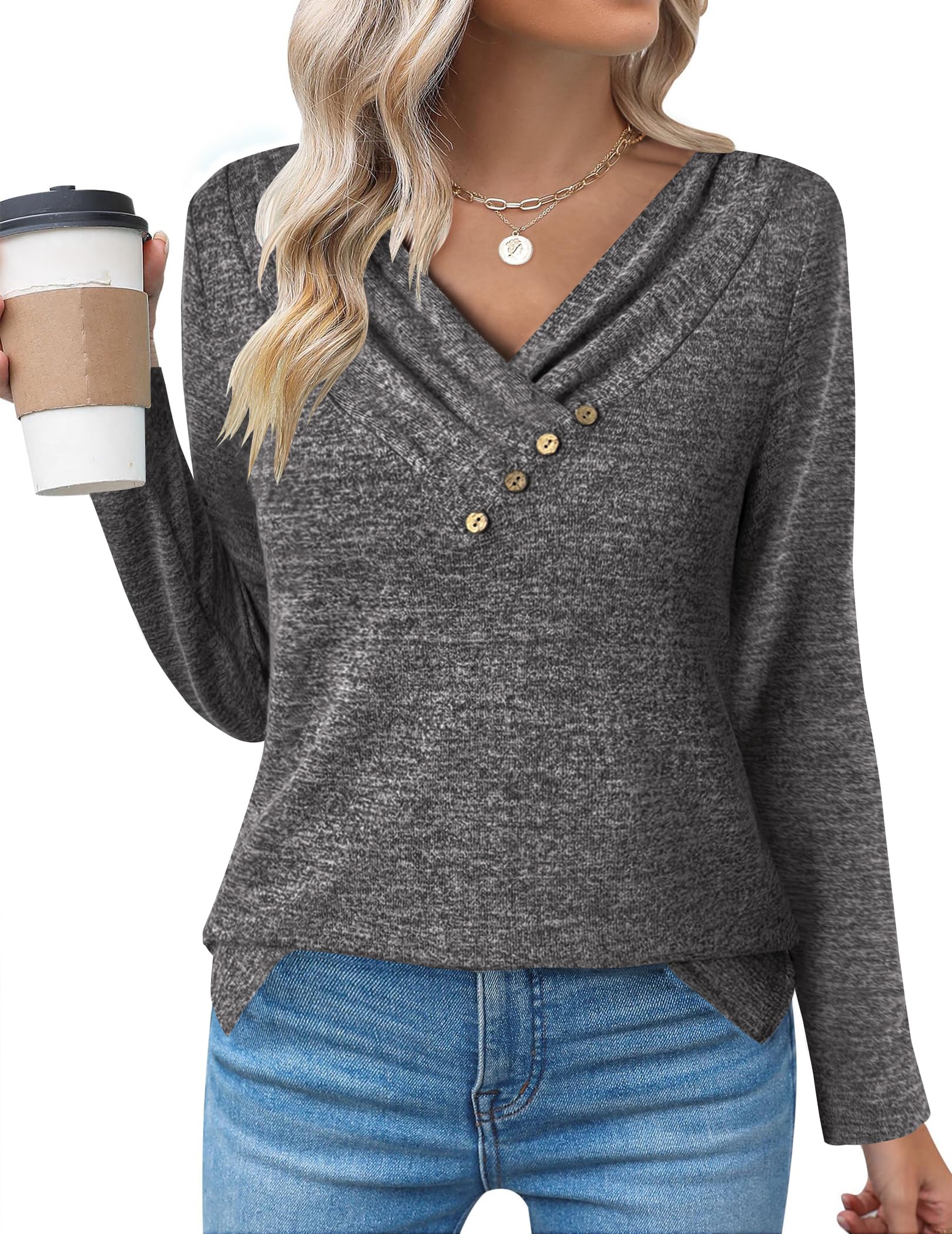 Zeagoo Women's Long Sleeve Sweater V-Neck Buttons T-Shirt Autumn Winter Pullover
