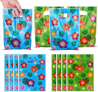 40PCS Luau Hawaiian Party Favor Bags, Tropical Hibiscus Floral Design, Blue and Green Summer Goodie Bags