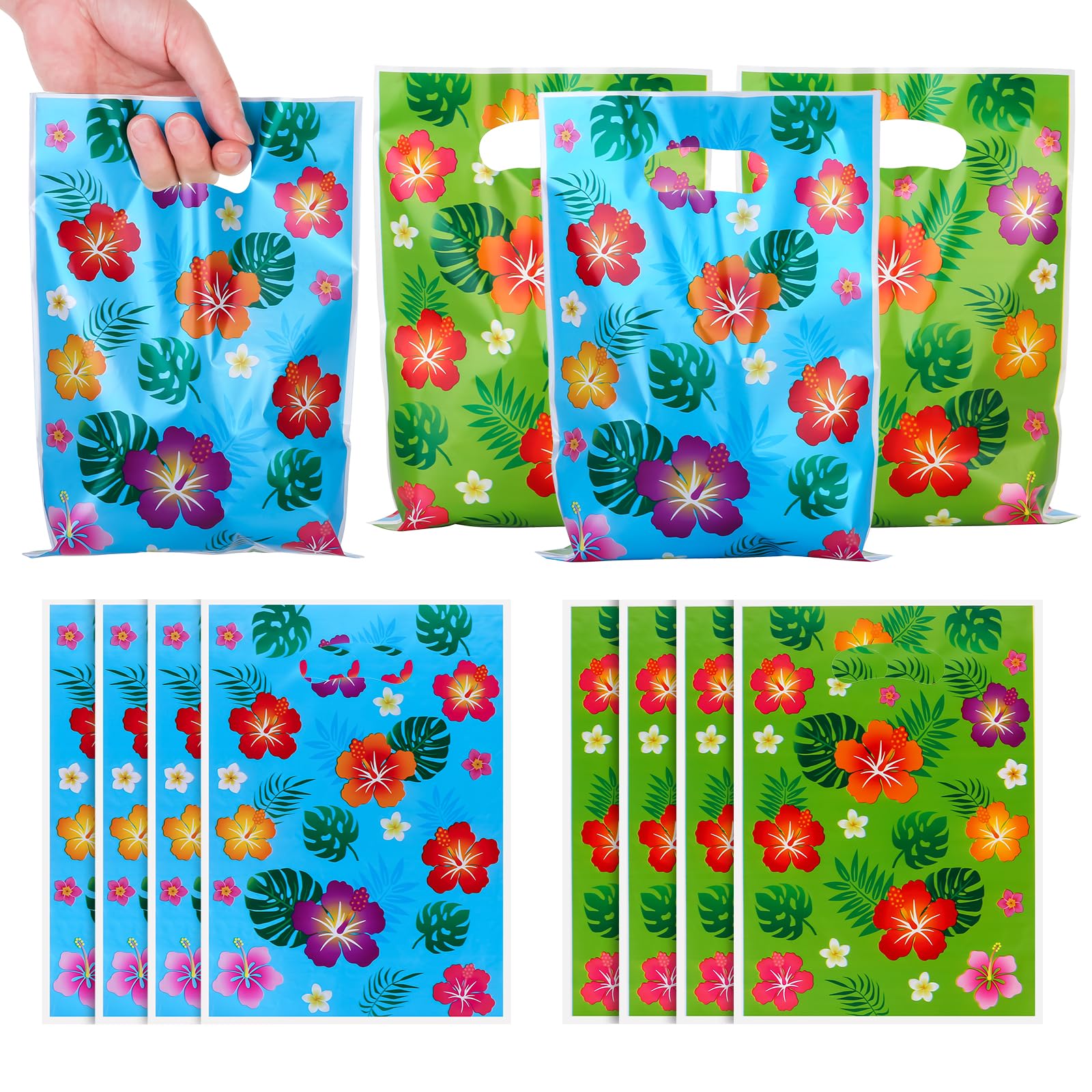 40PCS Luau Hawaiian Party Favor Bags, Tropical Hibiscus Floral Design, Blue and 