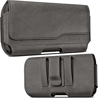 DeBin Holster for Large iPhone Plus, Pro Max Models 16 15 14 13 12 11 Xs Max – Leather Cell Phone Belt Holder Case with Clip, Carrying Pouch Cover Fits Phone with Case on, Pewter
