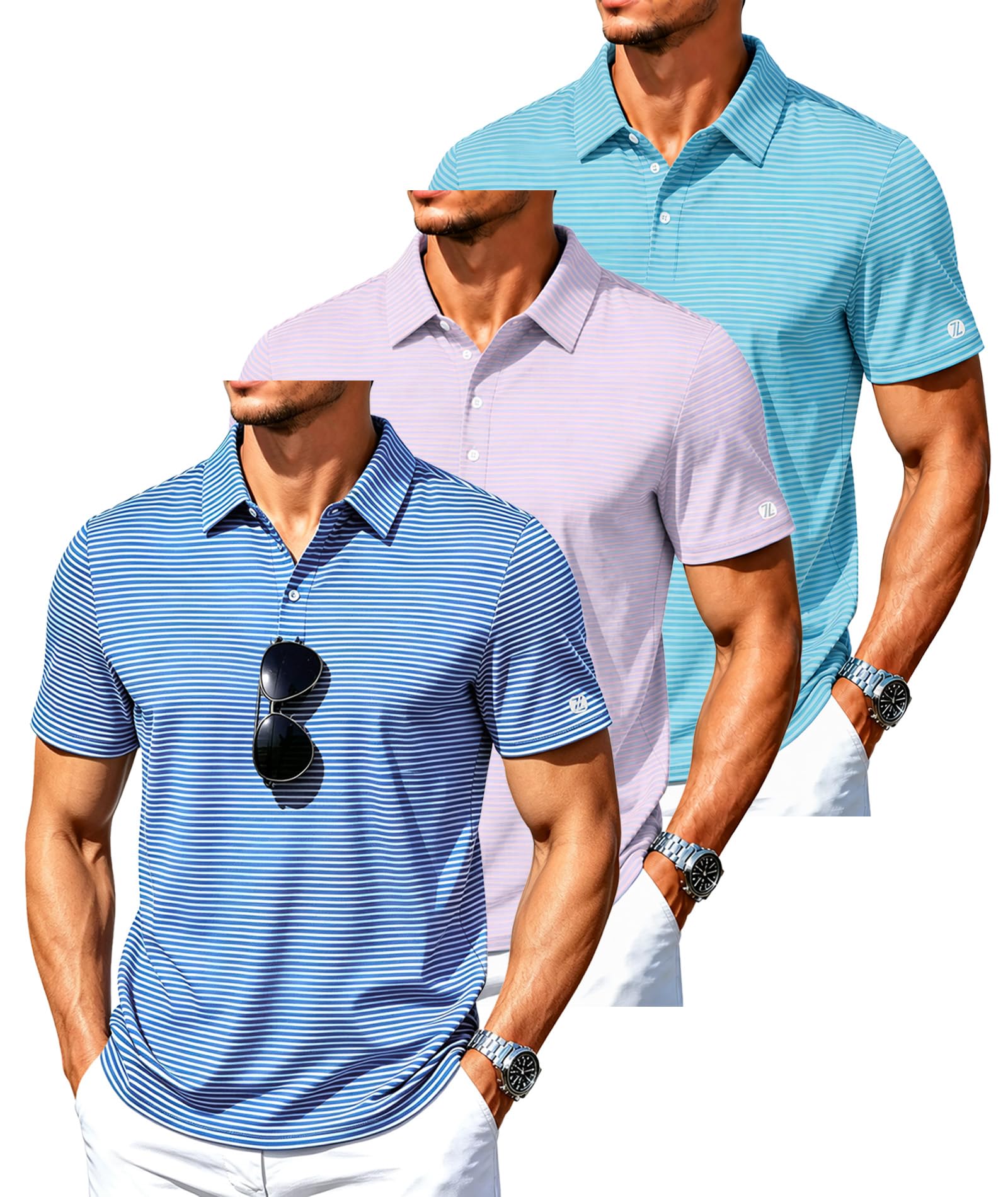ZITY 3 Pack Mens Golf Shirt Short Sleeve Performance Striped Polo Shirts