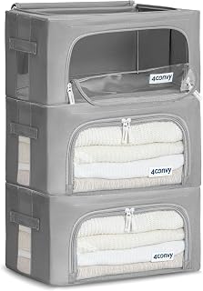 4CONVY Kleideraufbewahrung Kleiderschrank Box mit Reißverschluss Metallrahmen - große faltbare stapelbare Aufbewahrungsbox -3x24L Aufbewahrungstaschen - Kleiderbox für Bettdecke Kleidung Aufbewahrung