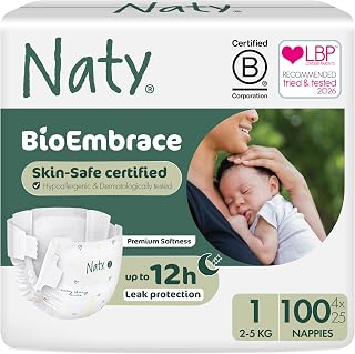 Naty BioEmbrace Newborn Nappies, Sensitive Skin, Size 1 (2–5kg), 100 Count
