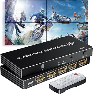 4K HDMI Video Wall Controller 2x2, LUKFOCAB TV Wall Processor with 8 Splicing Modes, 180° Rotate, 3.5mm Audio Extractor, IR Remote, 2x2, 1x2, 1x3, 1x4, 2x1, 3x1, 4x1, 4 TV Screen into 1 Wall Display