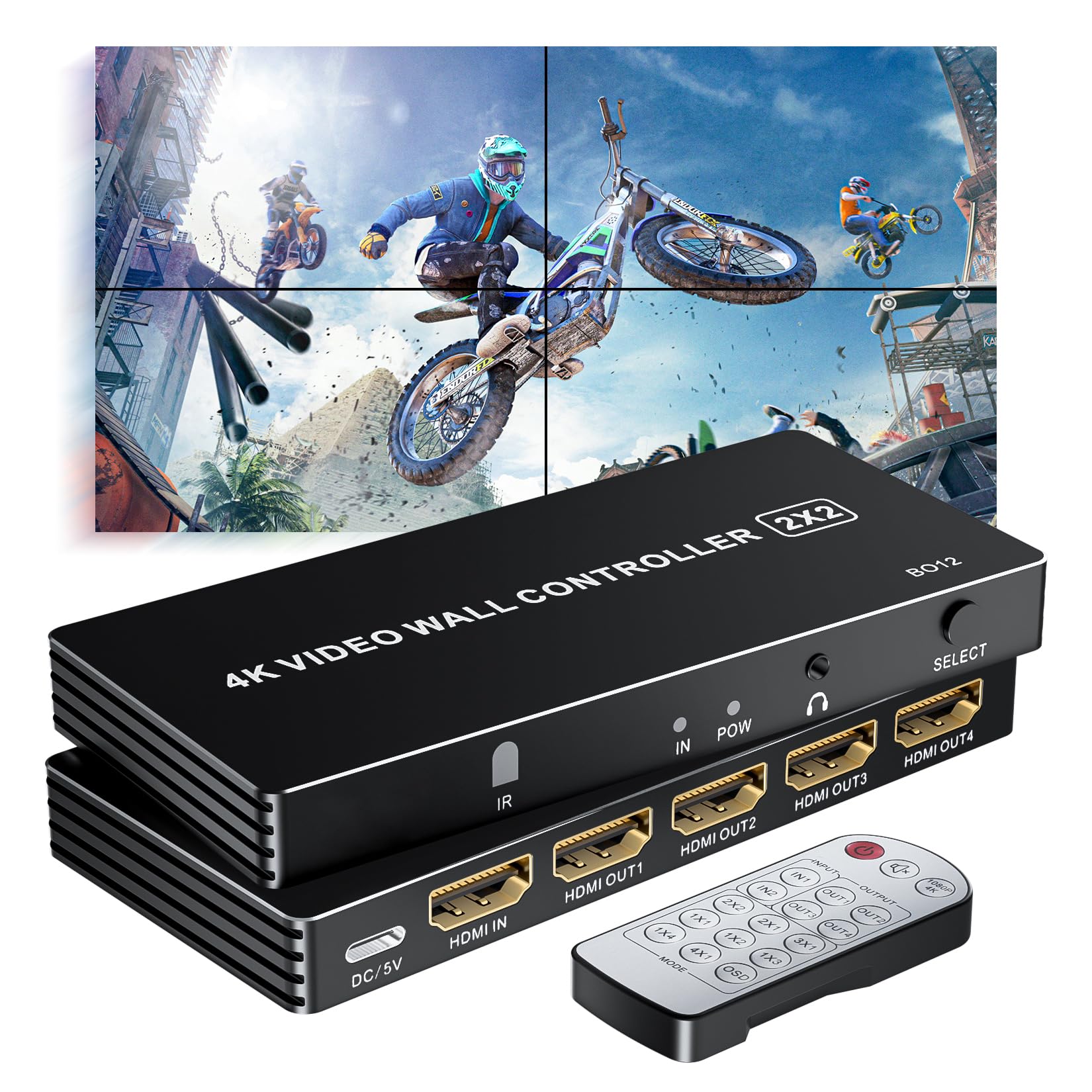 4K HDMI Video Wall Controller 2x2, LUKFOCAB TV Wall Processor with 8 Splicing Mo