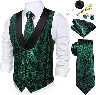 Barry.Wang Men's Paisley Vest Tie Set Silk Jacquard Flower Shawl Vest Tuxedo 6 Pieces Wedding Party