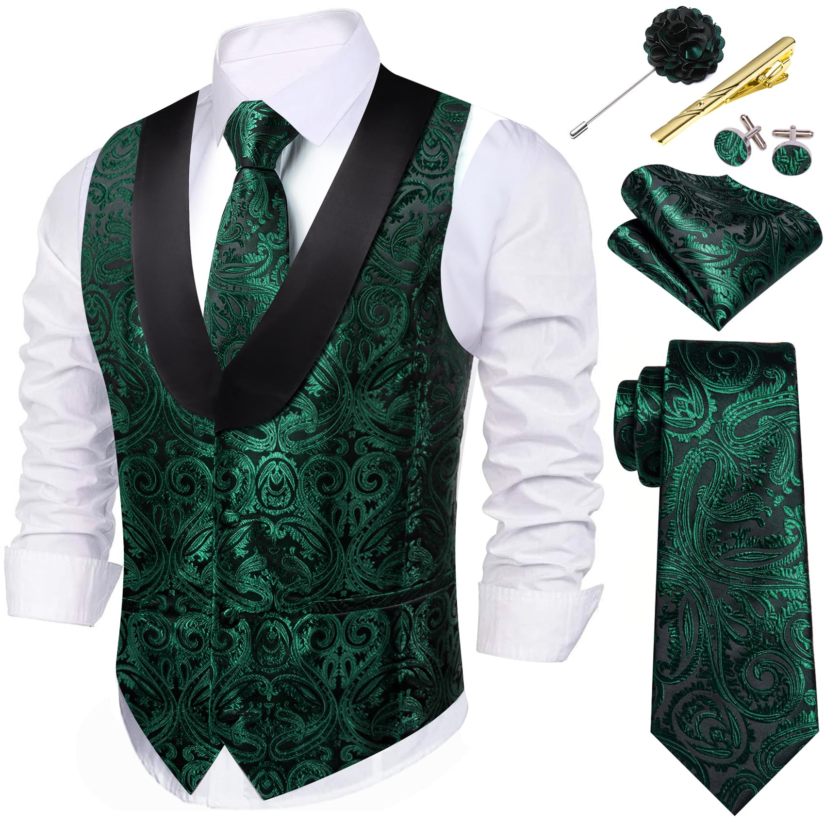Barry.Wang Men's Paisley Vest Tie Set Silk Jacquard Flower Shawl Vest Tuxedo 6 P