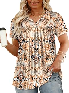 VISLILY Women Summer Tops Elegant Polo Shirt V Neck Turtleneck Pleated Tunic Button Down Blouses
