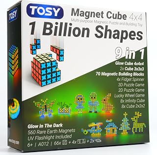 TOSY Magnet Cube 4x4 - 560 Magnets, 70 Blocks, 8 in 1 Toy: Puzzle Cube Game, Creative Building Blocks, Transformable Fidget Spinner, Infinity Cube, Magnet Tiles, UV Flashlight, Glowing STEM/STEAM Toy