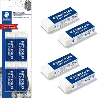 STAEDTLER Mars Plastic Vinyl Erasers, 4 Pack, White, Latex-Free | Clean, Precise Erasing with Minimal Crumbling & Smudging
