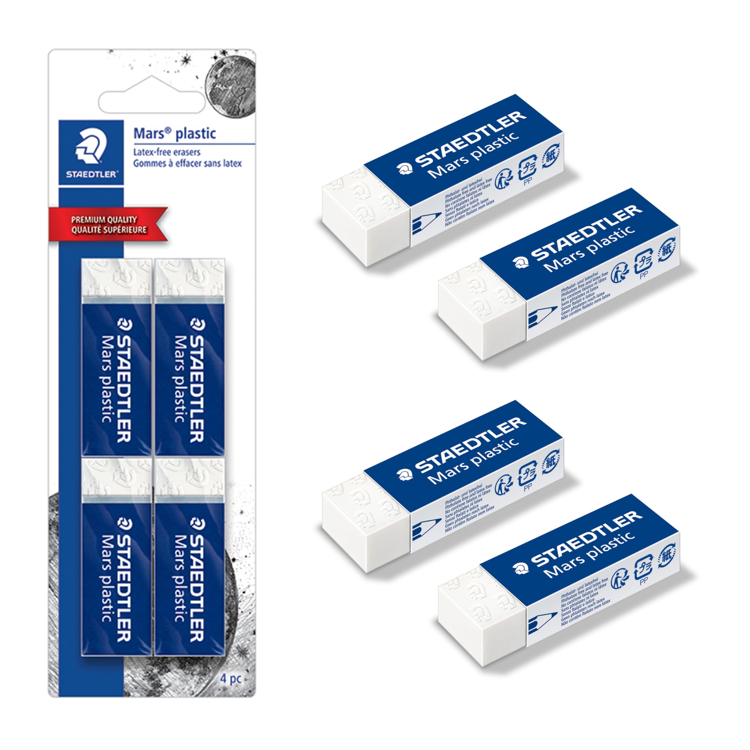 STAEDTLER Mars Plastic Vinyl Erasers, 4 Pack, White, Latex-Free | Clean, Precise