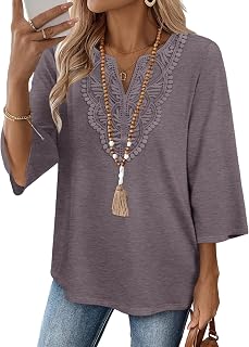 WIHOLL 3/4 Sleeve Blouses for Women V Neck Lace Top Summer Tops for Women