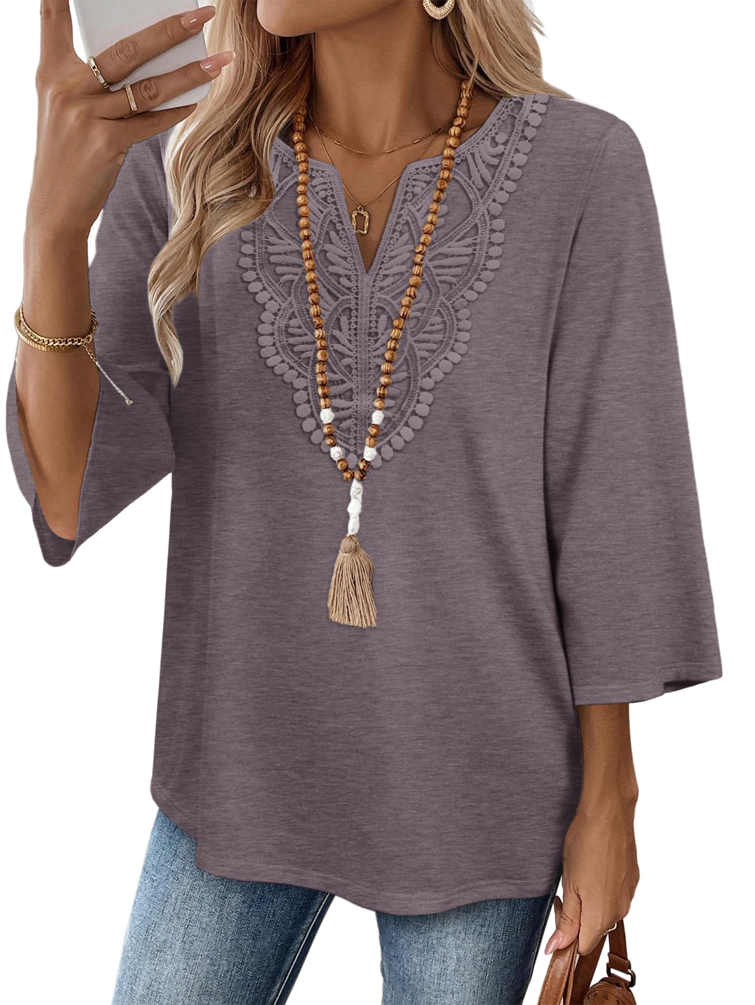 WIHOLL 3/4 Sleeve Blouses for Women V Neck Lace Top Summer Tops for Women