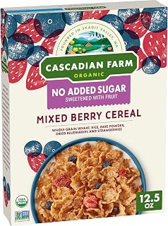 Cascadian Farm Organic Mixed Berry Cereal, No Added Sugar, 12.5 oz | 0g Added Sugar, Sweetened with Dried Date Powder, 32g Whole Grain per Serving, Non-GMO Project Verified, USDA Organic