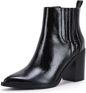 Womens Ankle Boots Slip on Pointed Toe Chunky Block Mid Heel Leather Elastic Panel Casual Chelsea Western Booties