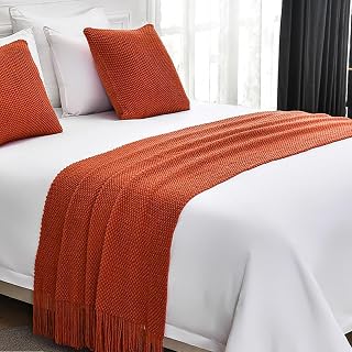 Cotton Knit Bed Runners King Size,Decorative Boho Bed Scarf with Tassel,Soft Solid Color Woven Beds Throw Blanket for Bedroom Home Hotel (A Red, 60x260cm/23.6 * 102in)