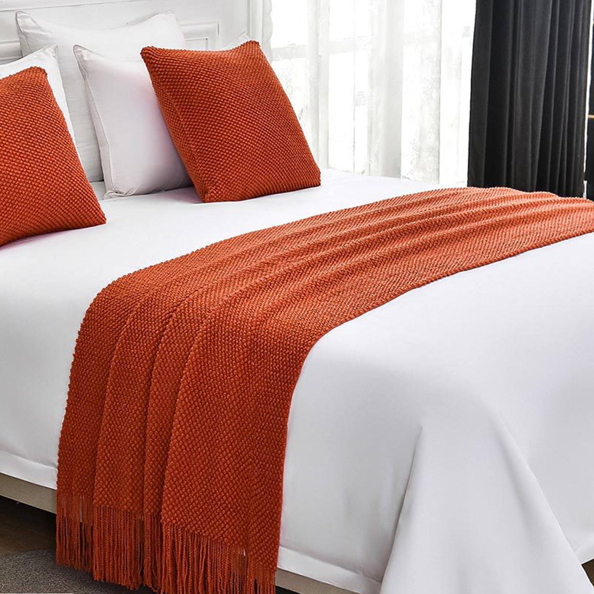 Cotton Knit Bed Runners King Size,Decorative Boho Bed Scarf with Tassel,Soft Sol