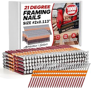 1000 Count 21 Degree Framing Nails, 2" x 0.113" Full Round Head, Ring Shank, Hot Dipped Galvanized, Plastic Collated Nails for 21° Round Head Framing Nail Guns