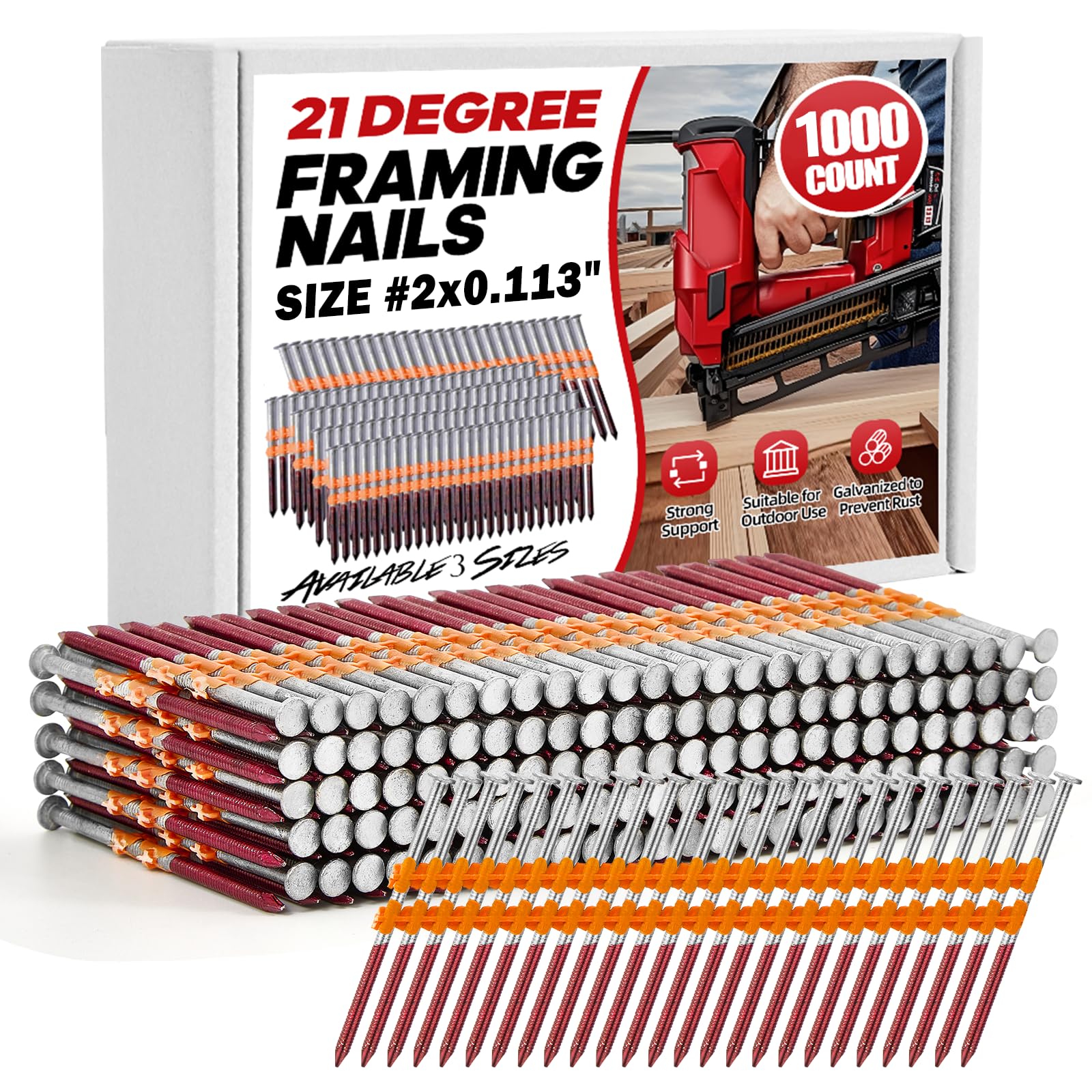 1000 Count 21 Degree Framing Nails, 2" x 0.113" Full Round Head, Ring Shank, Hot