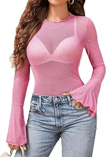 Avidlove Women Rhinestone Mesh Tops Long Sleeve Bell Tops Glitter Blouses Sexy Shirts Disco Clothing Dresses S-XXL