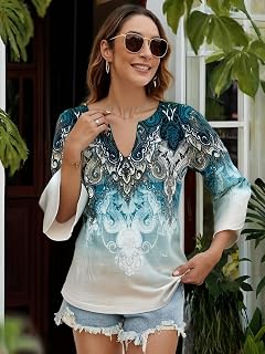 Womens 3/4 Sleeve Floral Blouse Button Front Casual Loose Fit Vintage Boho Tops for Spring Fall