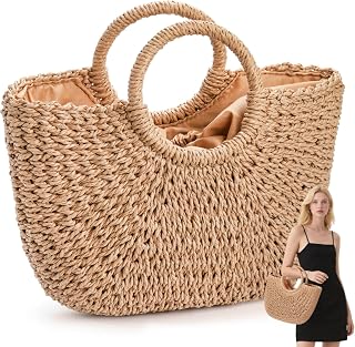 Pumtus Women Straw Bag, Large Hand-woven Summer Beach Handbag, Handmade Straw Tote Bag, Casual Top-handle Rattan Woven Semi-circle Clutch Bag for Women, Travel, Vacation