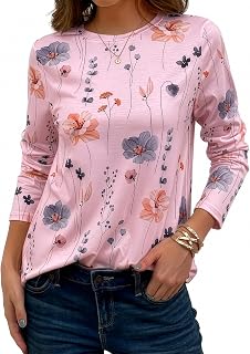 JUSTFASHIONNOW Women Long Sleeve Tops Casual Shirts for Women Summer Floral Print Crew Neck Floral T Shirt