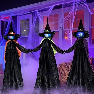 JOYIN 3 Pack 48" Lighted Halloween Witch Decorations Outdoor, Timer & Waterproof Light-Up Witches Yard Stakes, Multicolor Glowing Heads for Lawn Garden Indoor Party Props