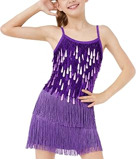 LOLANTA Traje de Baile con Flecos de Lentejuelas para Niñas, Conjunto de Baile Latino para Niños Salsa Rumba, Brillantes Minivestido Flecos de Baile Sin Mangas con Pantalón Corto