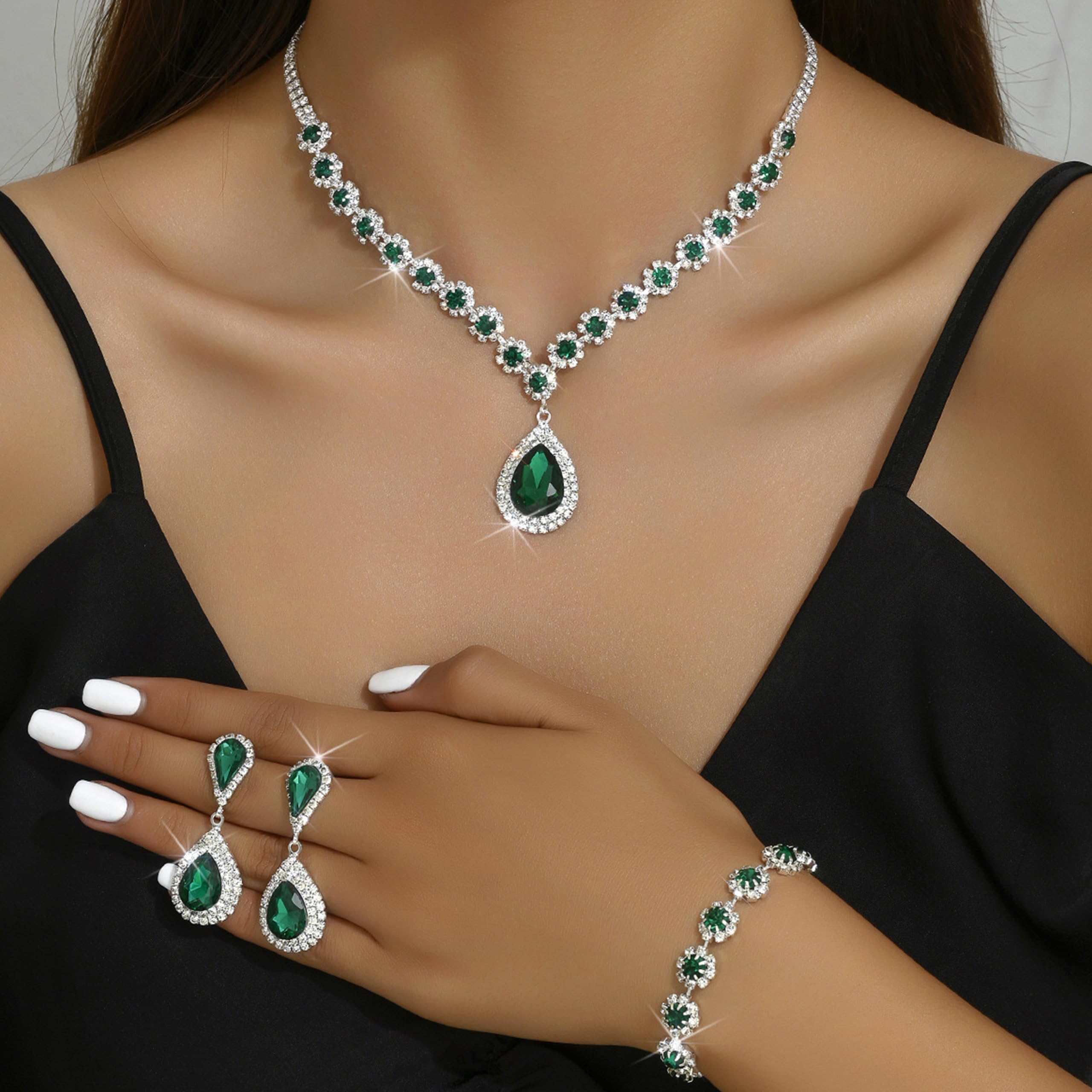 Set di gioielli da sposa verde collana orecchini braccialetto argento strass set