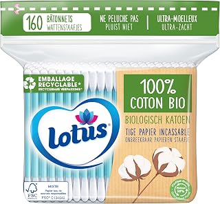 Lotus Organic Paper and Cotton Swabs - Bag of 160 Sticks | 100% Organic Cotton - Multi-purpose - Minigrip Resealable Bag - Recyclable Paper Rod
