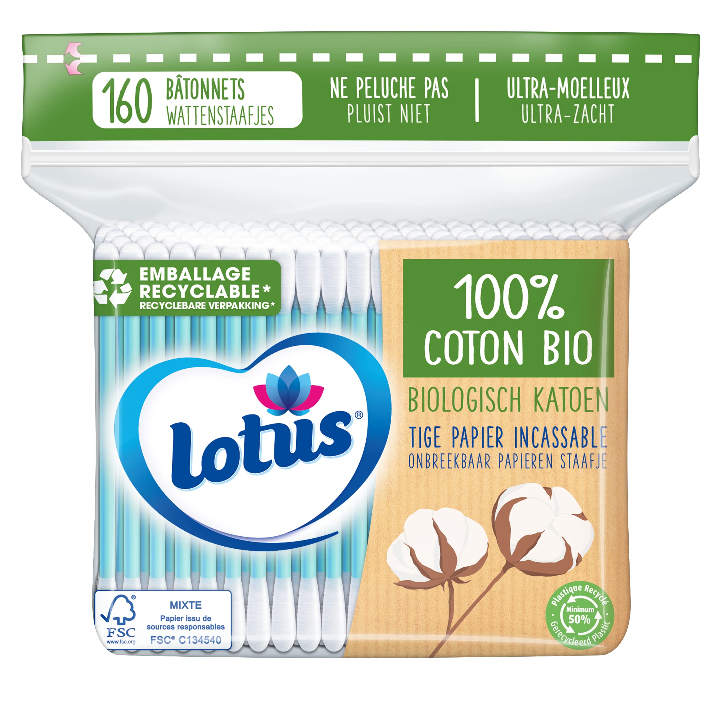 Lotus Organic Paper and Cotton Swabs - Bag of 160 Sticks | 100% Organic Cotton -