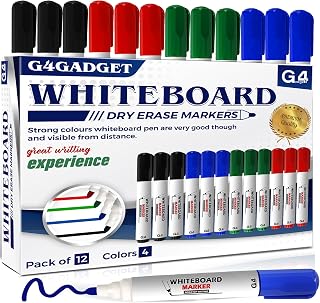 G4GADGET Whiteboard Markers Bullet Tip 12 Pack – Dry Erase Pens for Whiteboard, 4 Assorted Colours (Black, Blue, Green, Red) – Dry Wipe Pens for School, Office & Classroom Use