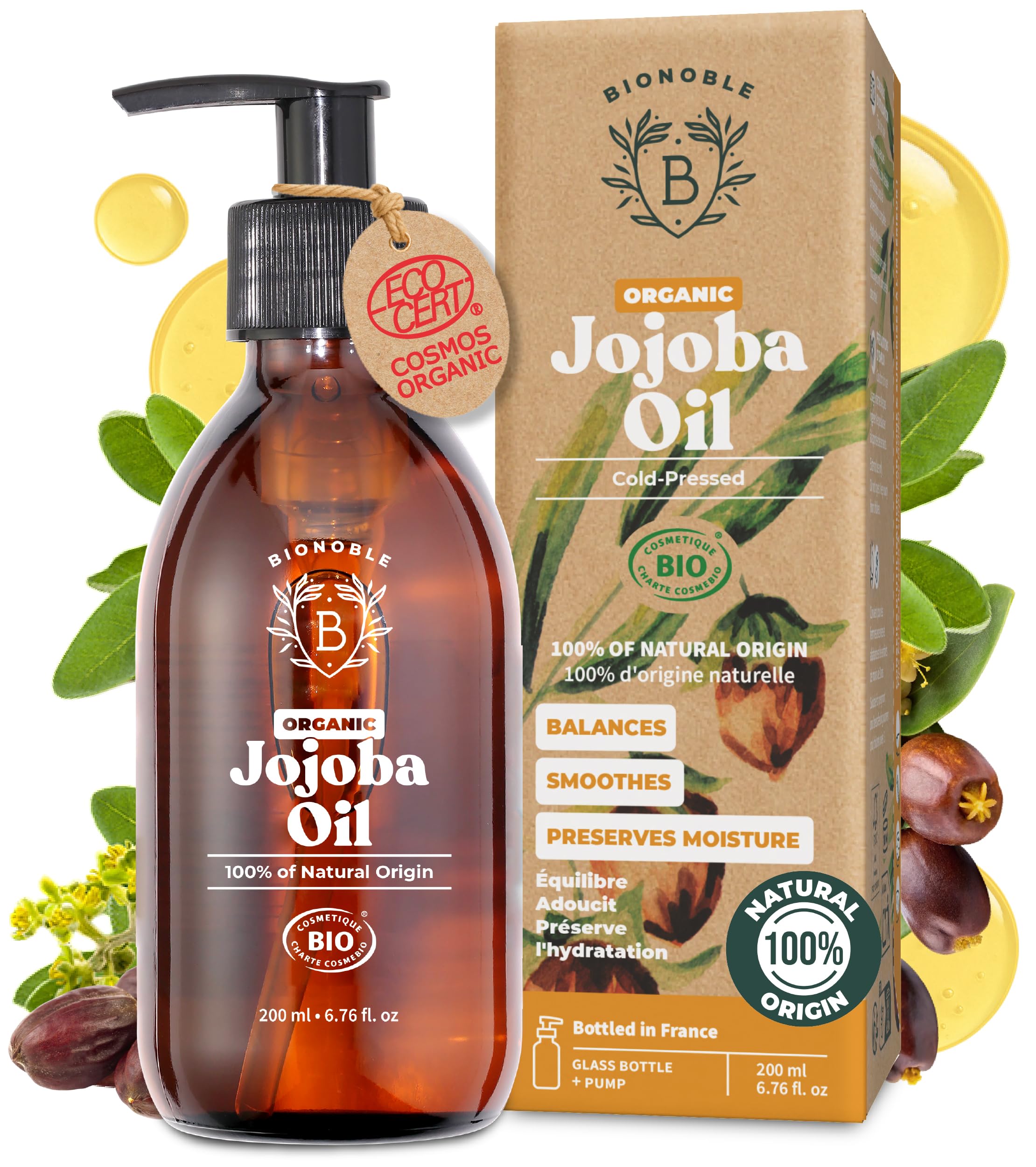 BIONOBLE Organic Jojoba Oil for Skin, Hair, Nails, Face - 100% Pure - 200ml