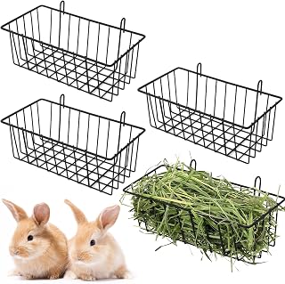 Voittozege 4 Pcs Rabbit Hay Feeder Hanging Hay Racks Metal Rack Hay Holder | Black Small Animals Grass Rack with Hook for Guinea Pig Bunny Chinchilla 9 x 4 x 3 Inch, Black Metal Rack Hay Holder