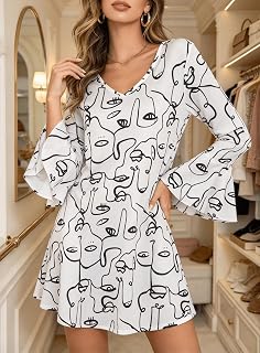 Dresses for Women 2025 Wedding Dress Boho Casual V Neck Bell Sleeve Flowy Beach Mini Dress