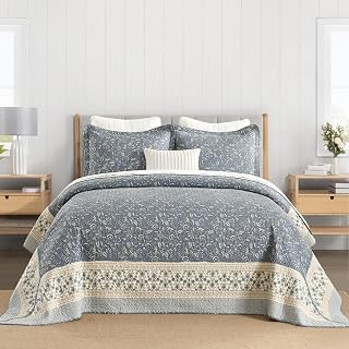 100% Cotton Oversized Quilt 120"x120", Extra Large King Bedspread, Farmhouse Botanical Bed Spreads Coverlet, Lightweight Quilted Bedding Cover, 3 Piece, Grayish Blue/Beige