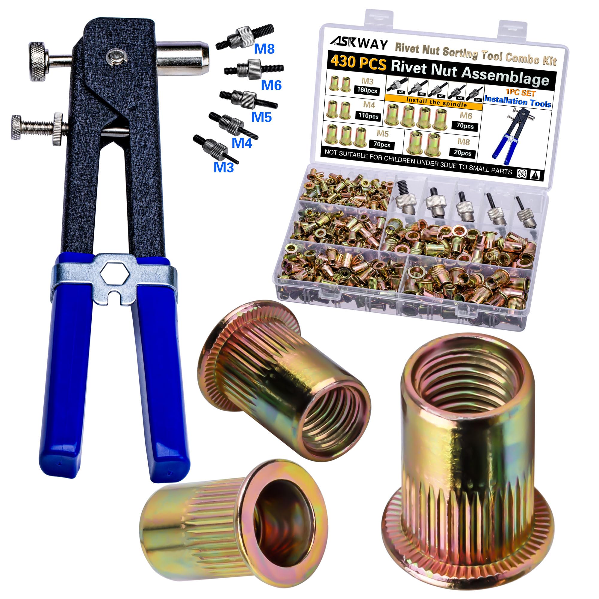 ASKWAY Pressure Rivet Nut Tool Kit, 430Pcs Metric Rivet Nut Combination | Thread