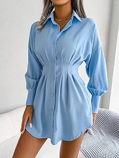 Women Casual Button Down Collar Long Sleeve Irregular Hem Work Office Mini Dresses