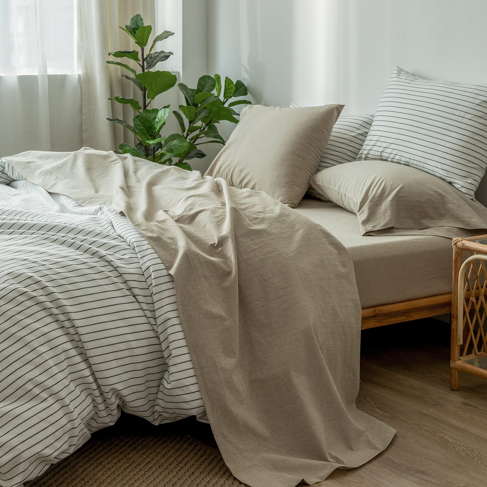 MooMee 100% Washed Cotton Linen Look Textured Bed Sheet Set Breathable Soft Dura