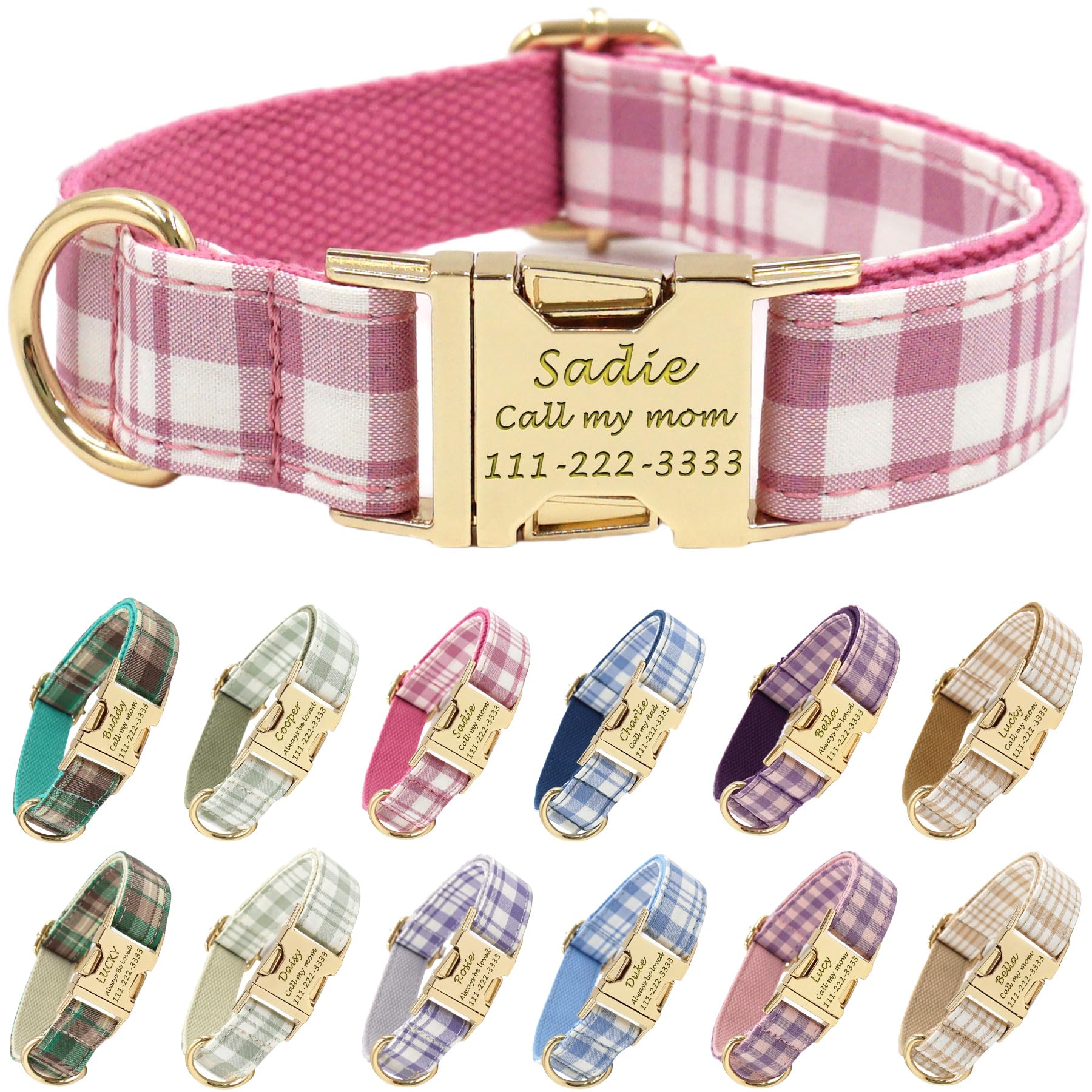 PETDURO Personalized Dog Collar Pink Plaid for Large Medium Dogs | Engraved Name