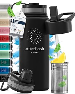 Active Flash Insulated Stainless Steel Water Bottle 1l/500 ml BPA Free + Straw (3 Caps) | Insulated Stainless Steel Water Bottle, Reusable Thermos | Camping Bike Sport Running Hiking Children Coffee