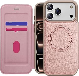 ATATOO for iPhone 17 Pro Case Leather, Built-in Card Holder (Store 2 Cards), RFID Blocking, 360° Full Body Protective Wallet Phone Cover Case for iPhone 17 Pro 6.3", Rose Gold