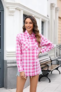 Checked Shirts Womens Clothing Long Sleeve Plaid Shirt for Women UK Blouse Top Roll Up Button Down Casual Classic Office Party with Pockets S-3XL