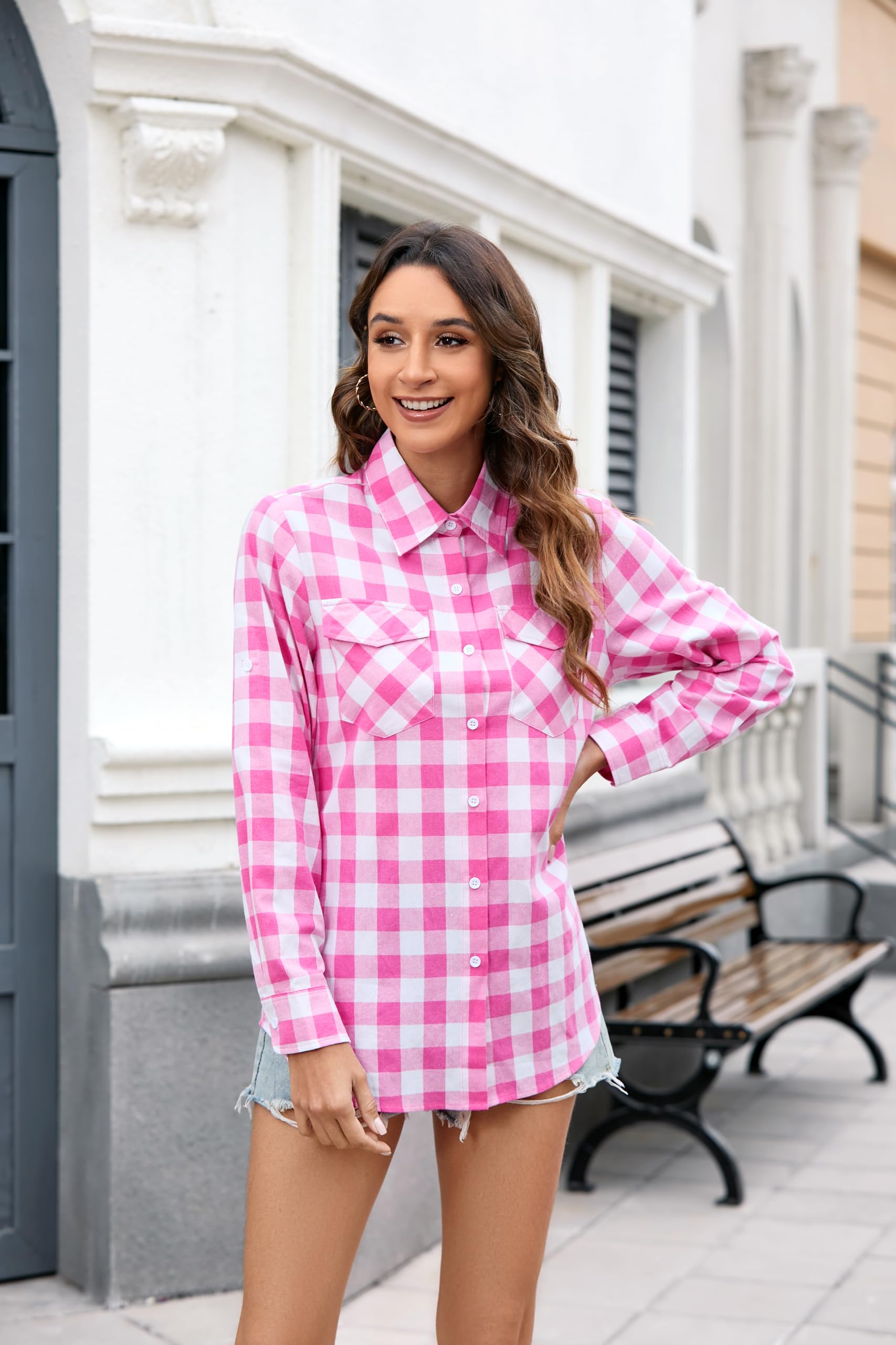 Checked Shirts Womens Clothing Long Sleeve Plaid Shirt for Women UK Blouse Top R