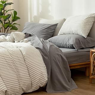 MooMee 100% Washed Cotton Linen Like Duvet Cover Set Textured Breathable Durable Soft Comfy (Light Grey, King)