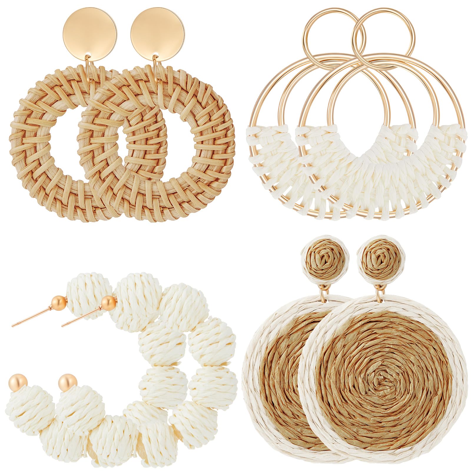 meekoo 4 Pairs Rattan Earrings for Women Beach Essentials Tassel Dangle Boho Str