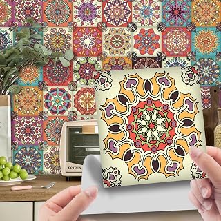 24 Pieces Wall Tile Stickers Square Moroccan Victorian Retro Mosaic Style Waterproof Decal Sticker Kitchen Living Room Bathroom Home Floor DIY Decor Self Adhesive (Mandala, 10x10cm)